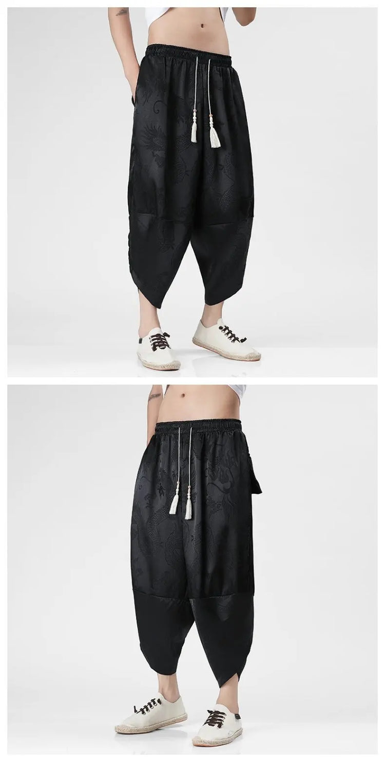 Pantaloncini in Seta Ghiaccio da Uomo, Stile Cinese, Estivi, Comodi, Pantaloni Harem Vintage Traspiranti, Tinta Unita, Lunghezza al Polpaccio