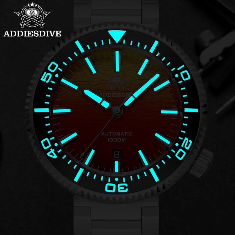 ADDIESDIVE 46mm Men Automatic Watch Sapphire Gradient Ice Hockey 1000m Dive Waterproof Mechanical Watch Ceramic Bezel Luminous