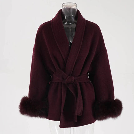 UCXQ Elegant OL Office Lady Overcoats Fur Patchwork Long Sleeve Woolen Coat Beautiful Women's Clothing Jacket Autumn 2025 Winter