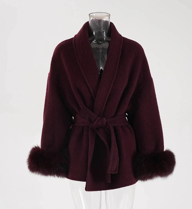 UCXQ Elegant OL Office Lady Overcoats Fur Patchwork Long Sleeve Woolen Coat Beautiful Women's Clothing Jacket Autumn 2025 Winter
