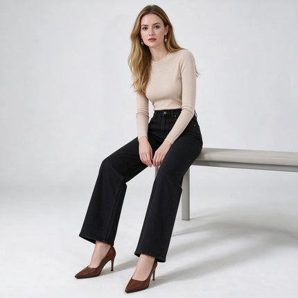 Women's Black Flared Jeans, High Waist, Stretch Denim, Loose Fit, Stitching Details, Elegant Casual Style, Fashionable Trousers, Perfect for All Seasons, Sizes Xs-Xl，Fx1338-1
