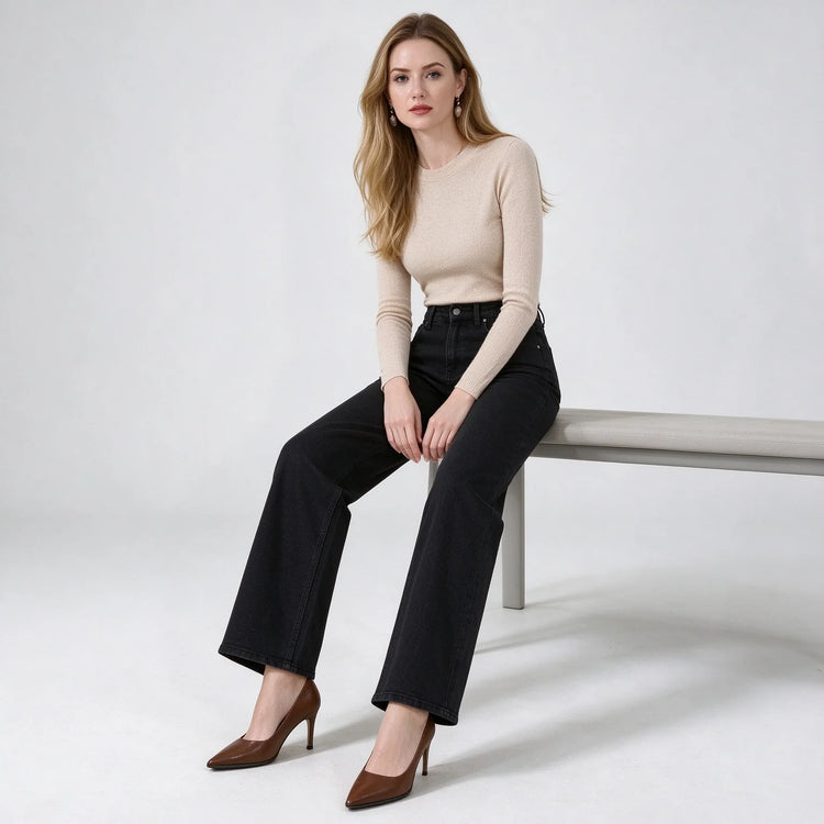 Women's Black Flared Jeans, High Waist, Stretch Denim, Loose Fit, Stitching Details, Elegant Casual Style, Fashionable Trousers, Perfect for All Seasons, Sizes Xs-Xl，Fx1338-1