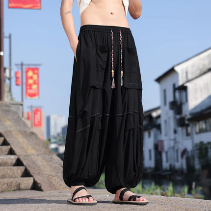 Pantaloni lanterna giapponese Pantaloni Harem casual larghi Pantaloni comodi e traspiranti in lino di seta ghiacciata Pantaloni larghi dalla vestibilità rilassata Taglie forti 5XL