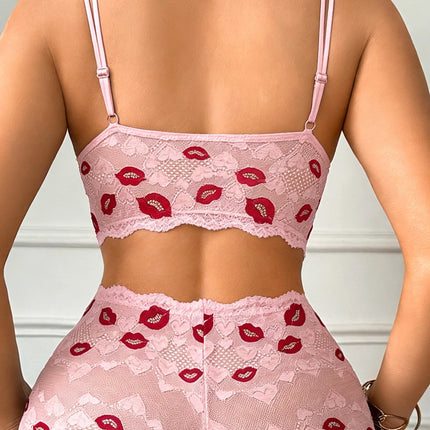 Women Sexy Lip Print Lingerie Set Hollow-out Lace Unlined Camisole Bra Thin Cup Wireless Sexy Bras and Sheer Panties