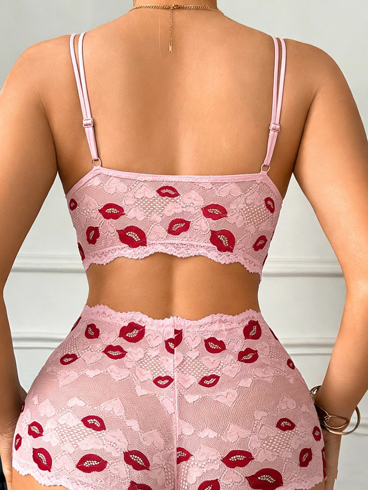 Women Sexy Lip Print Lingerie Set Hollow-out Lace Unlined Camisole Bra Thin Cup Wireless Sexy Bras and Sheer Panties