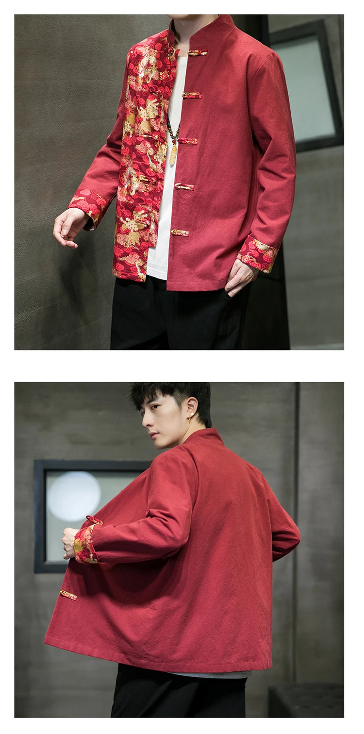 Camicie da uomo ricamate 2026 primavera stile cinese retrò colletto alla coreana giacca in cotone e lino cardigan da uomo Kungfu allentato casual Top