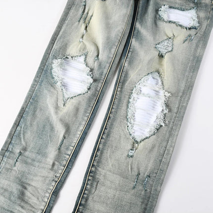 Men Pale Light Blue Biker Jeans Cracked Pleated Patch Patchwork Stretch Denim Pants Streetwear Holes Ripped Skinny Trousers PlatiNum