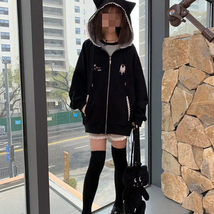 Ropa Mujer Japanese Cute Hoodies Coats Cute Cat Print Hooded Sweatshirts Y2K Tops Women Clothing Casual Zipper Loose Hoodie
