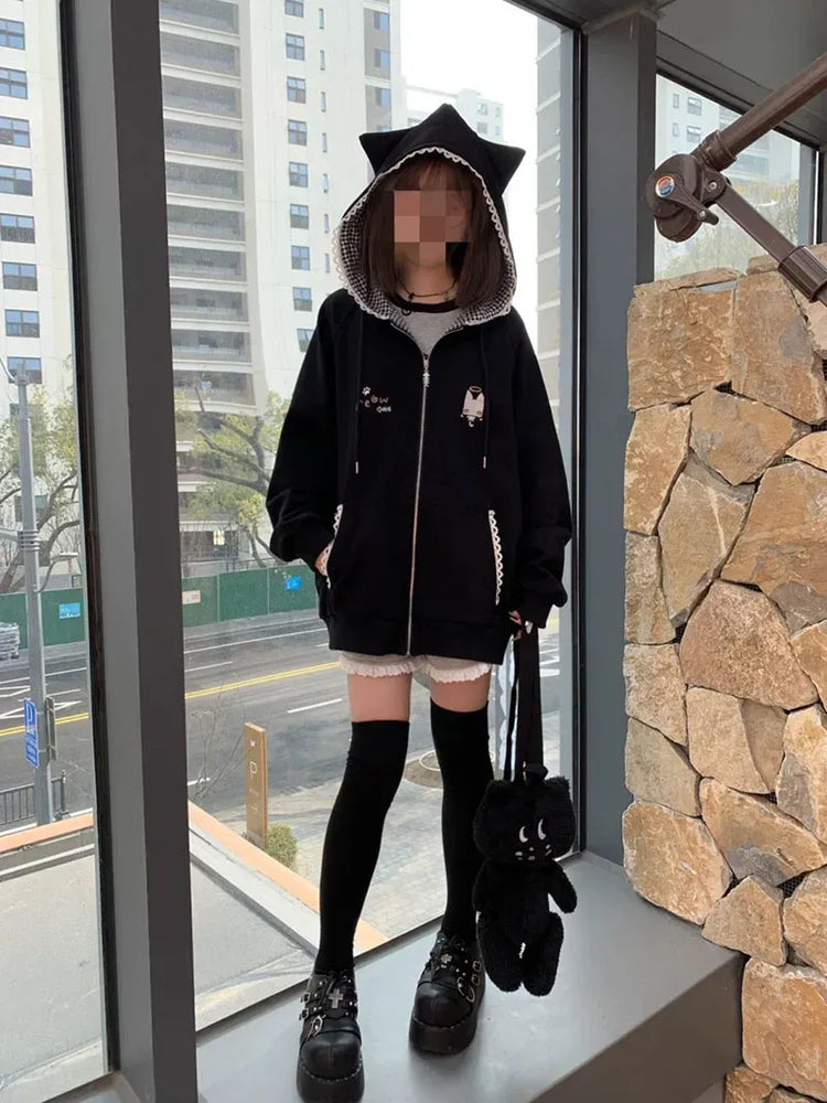 Ropa Mujer Japanese Cute Hoodies Coats Cute Cat Print Hooded Sweatshirts Y2K Tops Women Clothing Casual Zipper Loose Hoodie