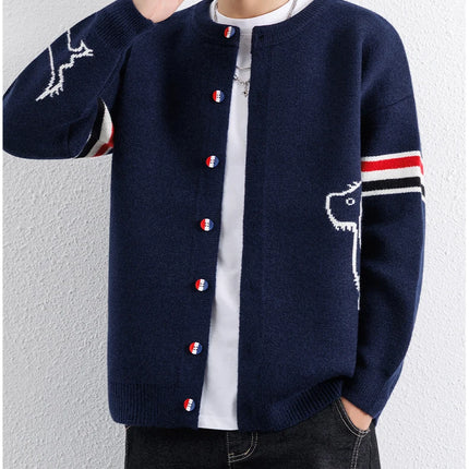 Designer Brand Long Sleeve Knitted Cardigan Men's New Trend Color Blocked Button Design Couple's Casual Warm Round Neck Coat