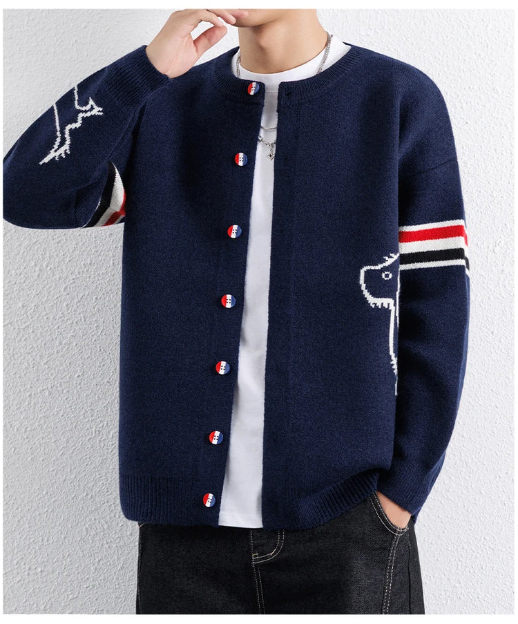 Designer Brand Long Sleeve Knitted Cardigan Men's New Trend Color Blocked Button Design Couple's Casual Warm Round Neck Coat