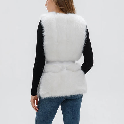 ZADORIN Elegant V-neck Splicing Belted Furry Warm Faux Fur Vest Women Sleeveless Long White Faux Fur Coat Women Winter Clothes