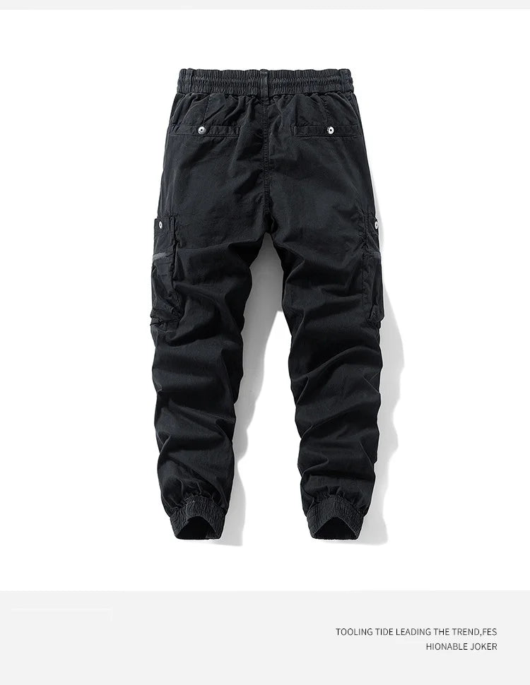Men Zipper Flap Cargo Jogger Pants Elastic Drawstring Waist Cuffed Hem Wear Resistant Tactical Outdoor Trousers539