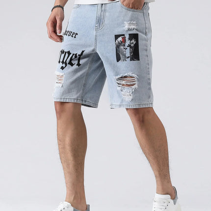 Pantaloncini di jeans elasticizzati estivi da uomo Jeans da uomo Streetwear Lettera strappata al ginocchio Baggy Comfort Cargo Pantaloncini casual Pantaloni Jean