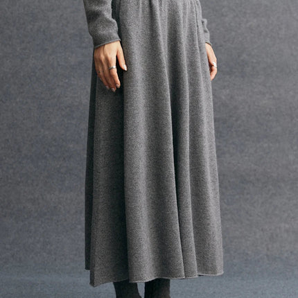 New Women's 100% Pure Cashmere Knitted Full Skirt Autumn Winter High Waisted Mid-calf Ankle-Length Soild Dress Versatile Elegant PlatiNum