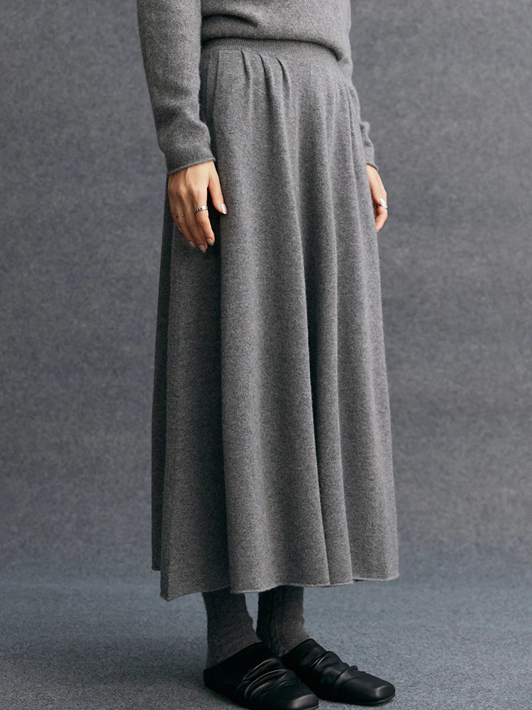 New Women's 100% Pure Cashmere Knitted Full Skirt Autumn Winter High Waisted Mid-calf Ankle-Length Soild Dress Versatile Elegant PlatiNum