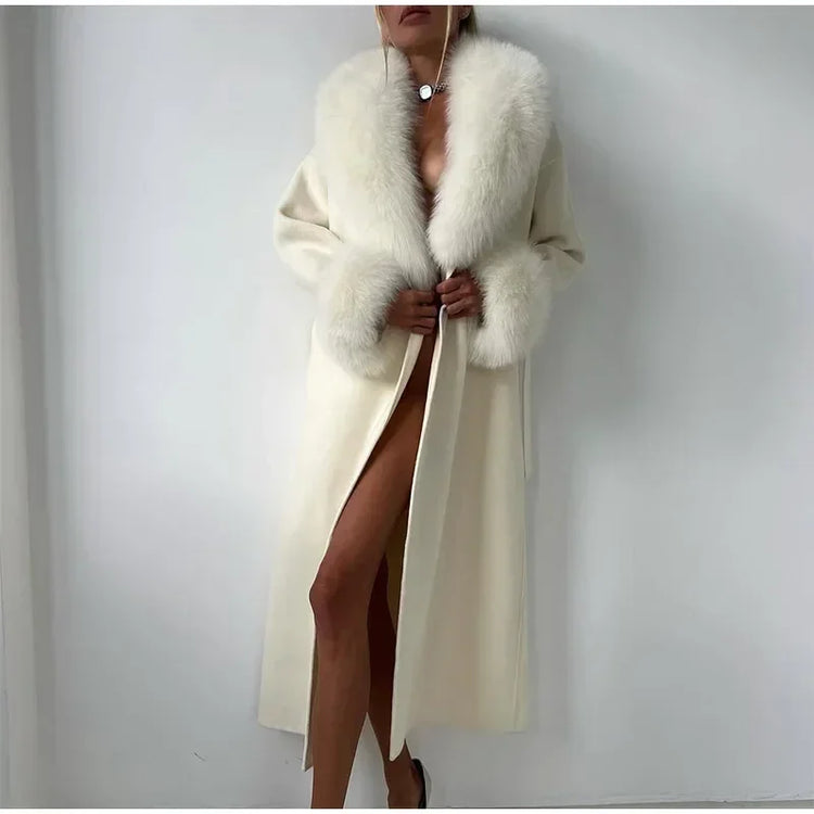 Retro Black Fur Patchwork Woolen Coat Women Chic Full Sleeve V-neck Lace Up Loose Long Overcoat 2025 Lady Winter Commute Outwear
