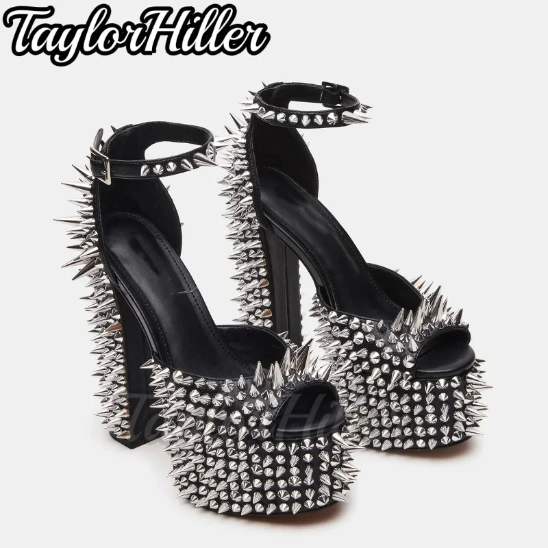 Punk Silver Rivets Platform Heeled Sandals Block Heel Women Gothic Rock Buckle Strap High Heels Designer Luxury Hot Girls Shoes
