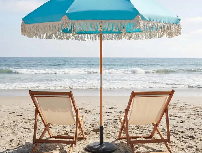 Garden Parasol with Fringes, 180cm, Wooden Parasol with 8 Sturdy Ribs, Adjustable Tilt, Automatic Opening, Bohemian Style, Blue