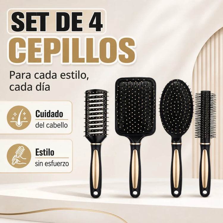 Set of 4 Professional Hairbrushes for Detangling and Styling, Set of Pneumatic and Skeleton Brushes for Straight, Curly or Wavy Hair, Black with Gold