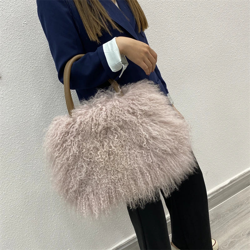 Factory Wholesale New Fashion Design Luxury Real Mongolian Lamb Fur Bag Sheep Fur Shoulder Bag