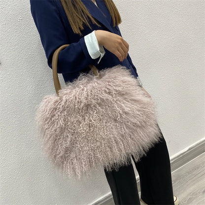 Factory Wholesale New Fashion Design Luxury Real Mongolian Lamb Fur Bag Sheep Fur Shoulder Bag