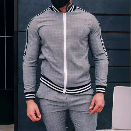 2025 Men Tracksuit 2pc Set Gym Hiking Plaid Zipper Hoodie Cargo Pants Autumn Athleisure Outfit Fleece Jogger Sportswear PlatiNum