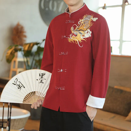 Camicie da Uomo a Maniche Lunghe in Stile Cinese, Ricamate, per Kung Fu e Tai Chi, Cardigan Retrò in Lino, Abito Tradizionale Tang, Top Tradizionale da Uomo