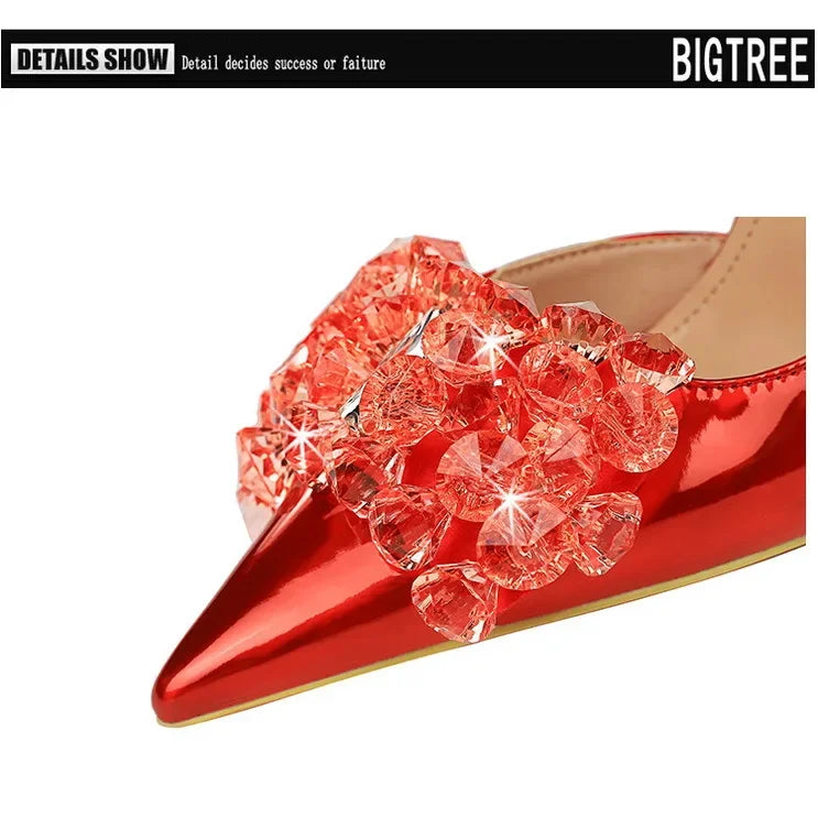 BIGTREE Scarpe con fiocco in strass Décolleté da donna Scarpe da banchetto di lusso Tacchi alti sexy Scarpe da festa con tacco a spillo da donna di grandi dimensioni 41 42 43