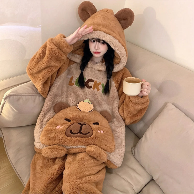 Winter New Women's Warm Pajamas Cartoon Hooded Sleepwear Suit Women's Coral Fleece Pyjamas Set Thickened Thermal Homewear M-4XL