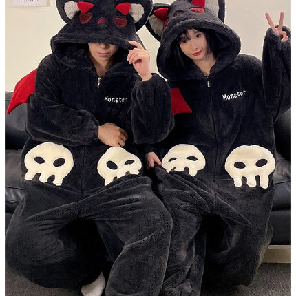 Cartoon Devil Pajamas Couples Women Men Onesie Sleepwear Winter Thicken Hooded Loungewear Coral Fleece Homewear Pijama Disfraz
