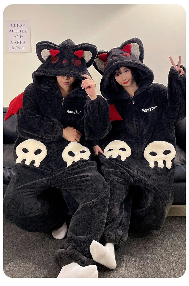 Cartoon Devil Pajamas Couples Women Men Onesie Sleepwear Winter Thicken Hooded Loungewear Coral Fleece Homewear Pijama Disfraz