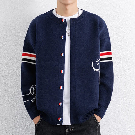 Designer Brand Long Sleeve Knitted Cardigan Men's New Trend Color Blocked Button Design Couple's Casual Warm Round Neck Coat