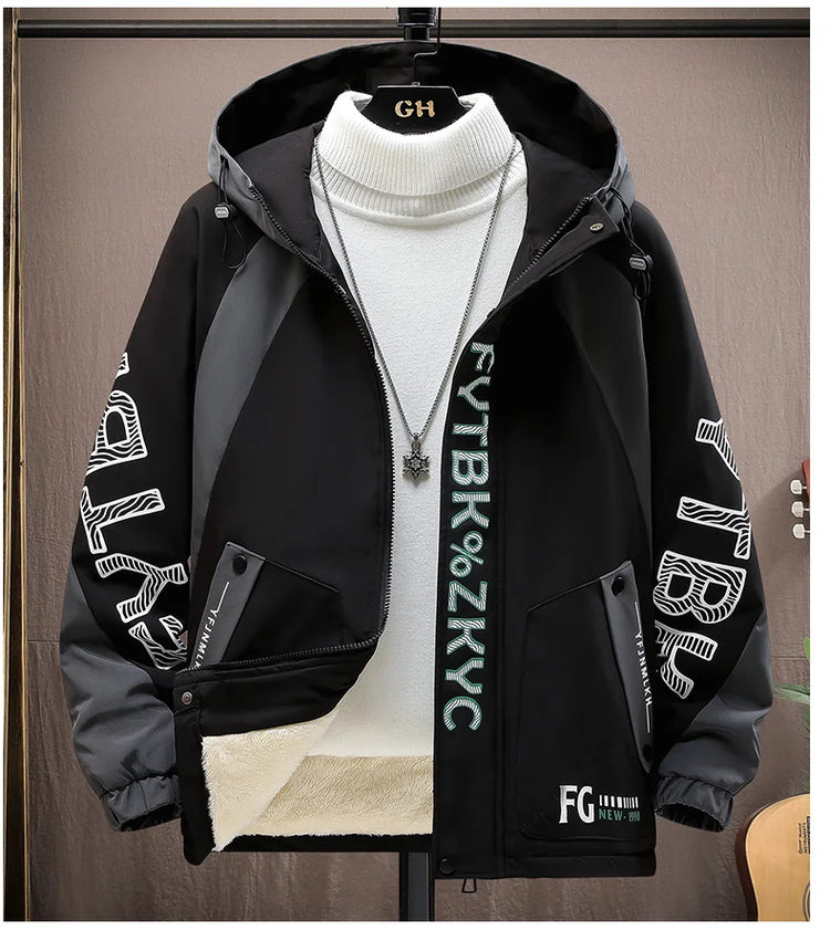 Winter Warm Hooded patchwork Jacket+Pant 2-piece Set Men Set Sports Suit Fleece Thickened Sportswear Casual Men Tracksuit