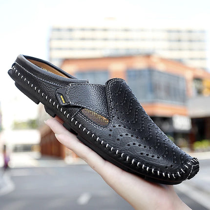 Nuove pantofole da uomo in vera pelle estate traspirante Casual muli mezze scarpe leggere per uomo mocassini da guida antiscivolo all'aperto uomo