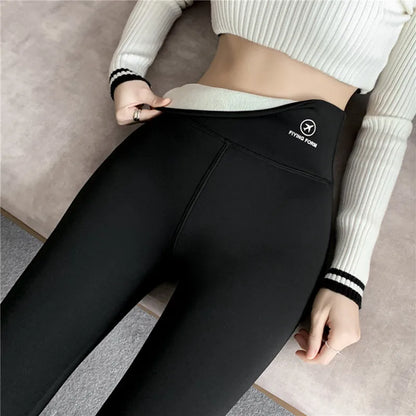 Women High-Waisted Winter Leggings Add Plush Fleece Slimming Tights Warm Trousers Casual Cashmere Pants For Women