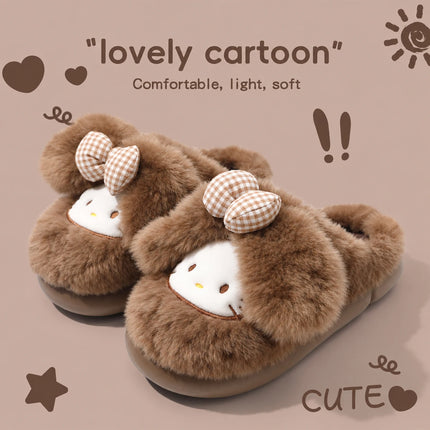 2026 Cute Bow Cat Cartoon Plush Slippers Women Men Winter Warm Thick Sole House Shoes Indoor Fuzzy Comfortable Soft Home Slides