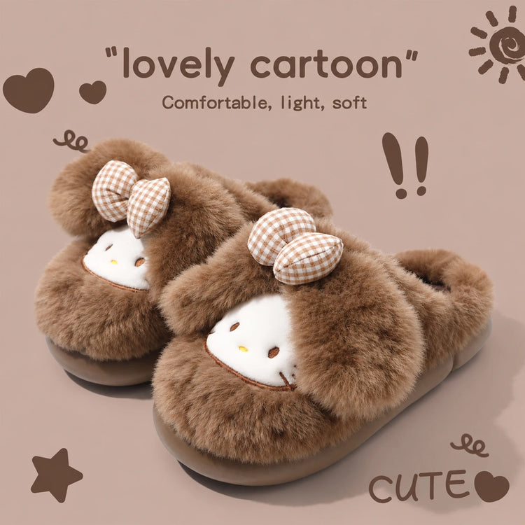 2026 Cute Bow Cat Cartoon Plush Slippers Women Men Winter Warm Thick Sole House Shoes Indoor Fuzzy Comfortable Soft Home Slides