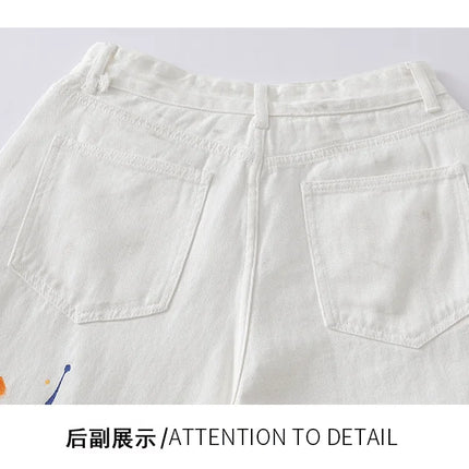 IEFB Niche Pantaloncini in denim da uomo con schizzi di vernice, casual, a gamba larga, alla moda, vestibilità ampia, lunghezza al ginocchio, 9X3271