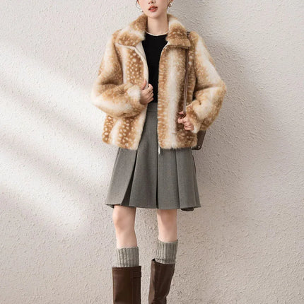 ZADORIN Luxury Mink Coat Deer Pattern Furry Faux Fur Coat Woman Stand Collar Zipper Faux Fur Jackets Winter Coats For Woman Tops
