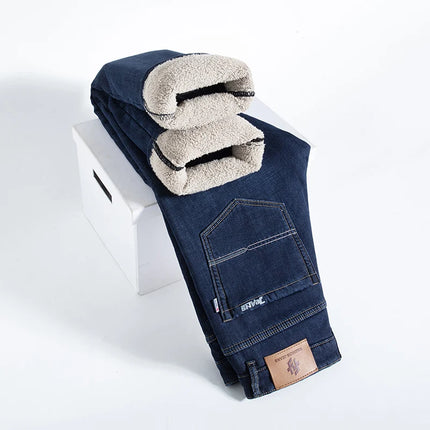 Soft Comfort Thicken Elastic Jeans Male Winter Warm Fleece Work Trousers Men Plush Wool Stretch Loose Straight Denim Pants