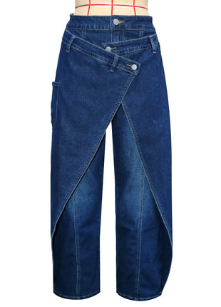 Jeans Larghi Vintage in Denim Lavato per Donna, Vita Alta con Asimmetrico Design Incrociato, Stile Y2K Streetwear Casual alla Moda