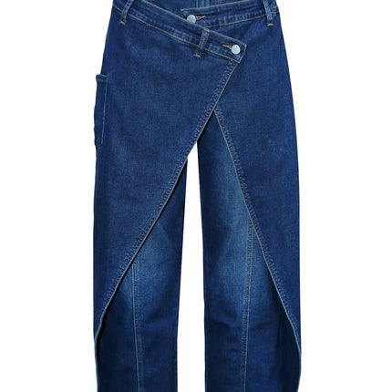 Jeans Larghi Vintage in Denim Lavato per Donna, Vita Alta con Asimmetrico Design Incrociato, Stile Y2K Streetwear Casual alla Moda