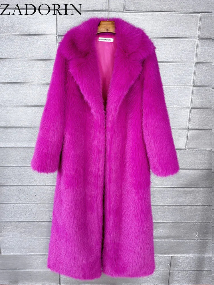 ZADORIN 130cm Super Long Fluffy Faux Fur Coat Woman Jacket Winter Lapel Thicken White Faux Fur Coats Jacket for Women Outerwears
