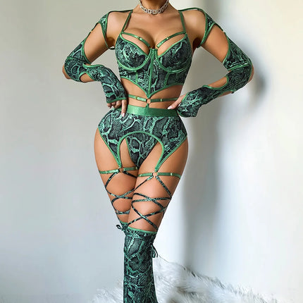 Tornova Erotic Lingerie Personalized Snake Pattern Hollow Strap Design Bodyshaping Sexy Delicate Hot Lingerie Set with Stockings