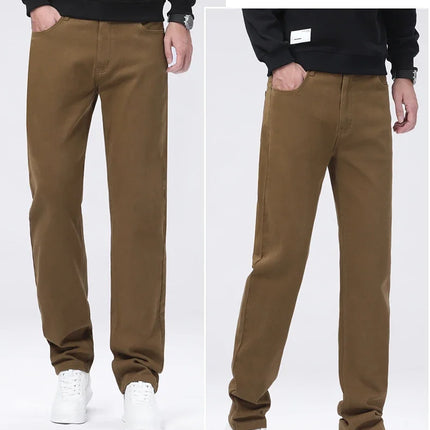 Men Straight Fit Jeans Autumn Elastic Soft Comfortable Solid Color Denim Pants Classic Fashion Casual Long Trousers Daily Wear