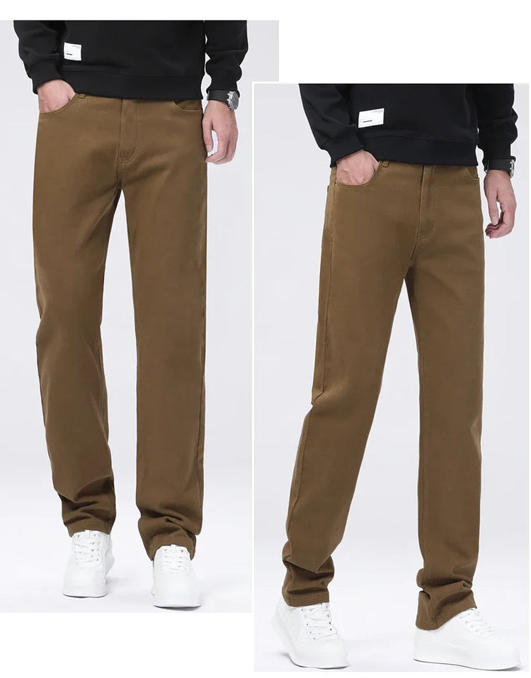 Men Straight Fit Jeans Autumn Elastic Soft Comfortable Solid Color Denim Pants Classic Fashion Casual Long Trousers Daily Wear