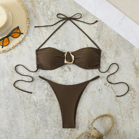 Costume da Bagno da Spiaggia alla Moda, Set Bikini a Perizoma per Donna, Sexy Costume da Bagno a Triangolo con Lacci, Due Pezzi, Stile Brasiliano, Tinta Unita platinumshop