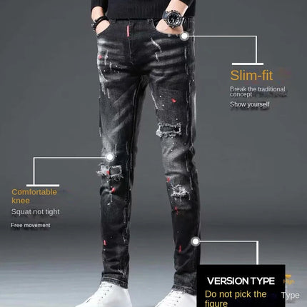High Street  2022 Fashion Casual Ripped Jeans Men's Patch Teenagers Cowboy Paint Splash Ink Black Pencil Pants Skinny Jeans Men PlatiNum
