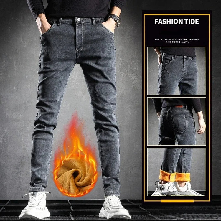 Men's Winter Warm Fleece Lined Jeans Washed Cotton Slightly Stretch Slim Fit Casual Grey Denim Pants Daily Versatile Trousers